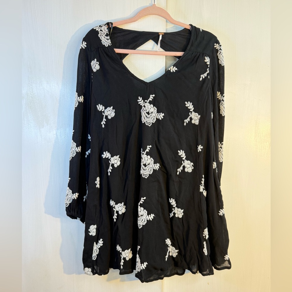 Free People Black and White Floral Mini Trapeze Dress